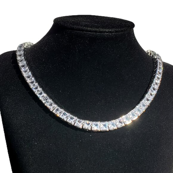 18K White Gold Mens Square 2ct Diamond Tennis Necklace 18K Silver 18" & 20" Size